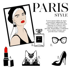 Vector fashion sketch set. Hand drawn graphic shoes, eye glasses, shoes heels, perfume, lace bra, red lipstick. Paris Fashion illustration kit vogue style. Woman face in red beret. Magazine concept