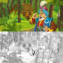 Fototapeta na wymiar cartoon scene with young boy prince in the forest near hidden wooden house - with artistic coloring page - illustration for children