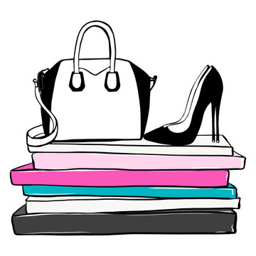 Fashion Heels and Books Print 2 Designer Bag Illustration 