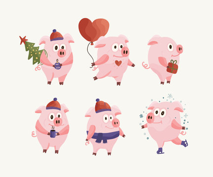 New Year 2019 set with Christmas flat pink pigs.