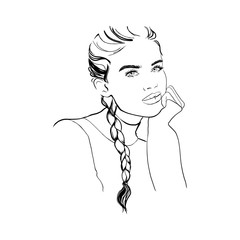 Fashion woman sketch woman in sweater with pigtail hairstyle. Beautiful woman hand drawn face vector fashion sketch. Hand drawn young girl model posing. Sketch. Vector illustration. Style, beauty