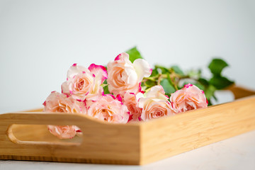 pink roses on a wooden tray