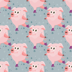 New Year 2019 seamless pattern with christmas cartoon flat pink pigs.