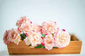 pink roses on a wooden tray