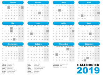 calendrier français 2019 jours fériés bleu simple