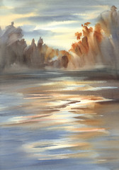 Autumn landscape in the evening light watercolor background
