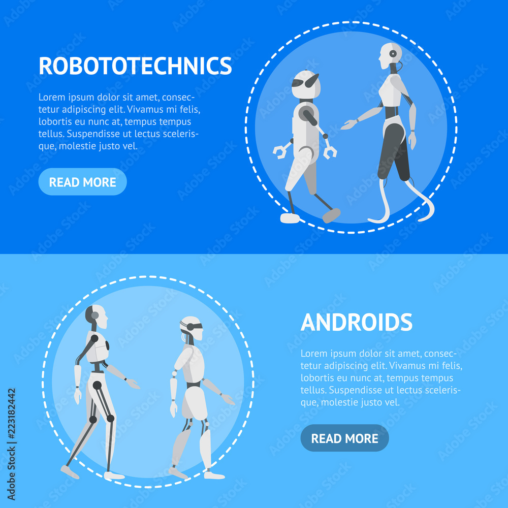 Poster cartoon color android robots banner horizontal set. vector