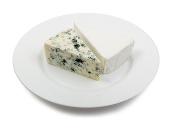 Piece of Blue Cheese and White Cheese on Plate