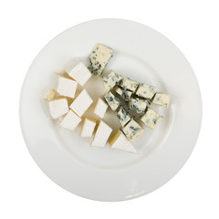 Piece of Blue Cheese and White Cheese on Plate
