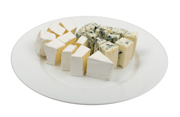 Piece of Blue Cheese and White Cheese on Plate Isolated