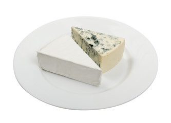 Piece of Blue Cheese and White Cheese on Plate Isolated