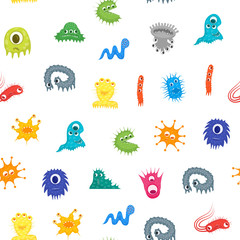 Cartoon Bacteria Characters Seamless Pattern Background. Vector