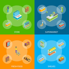 Supermarket or Shop Banner Set Isometric View. Vector