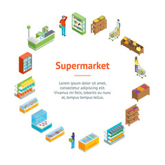 Supermarket or Shop Banner Card Circle Isometric View. Vector