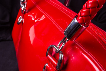 fittings on the leather hand bag, close up