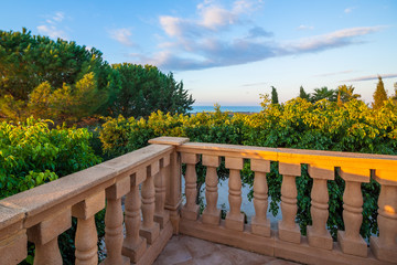Terrace above the sea near the Trapani, Italy. Beautiful view with a trees 