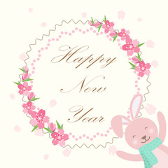 Happy New Year text illustration with pink rabbit on round frame and flora background