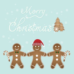 Merry Christmas text illustration with gingerbread and snow on pastel background