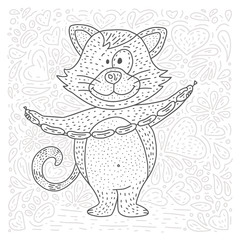 Coloring vector page with happy cat.