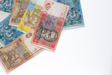 Ukrainian money hryvnia isolated on white background. Inflation, business, econimics and finance theme.