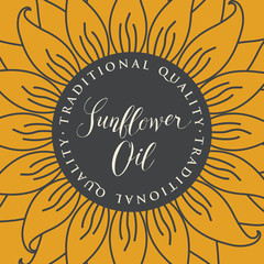 Square vector banner or label for sunflower oil in the form of sunflower close-up with handwritten inscription
