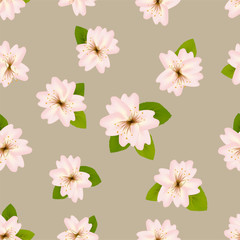 Spring cherry blossoms. Seamless pattern with Japanese sakura. Pink flowers on beige gray background. Romantic Vector illustration.