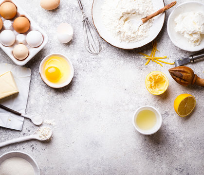  Baking background. Food accessories. Ingredients variety  for cooking dough.Concept Recipe cake of a lemon and pie. Taop View. Flat Lay. Copy space for Text.