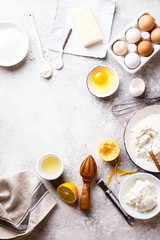  Baking background. Food accessories. Ingredients variety  for cooking dough.Concept Recipe cake of a lemon and pie. Top View. Flat Lay. Copy space for Text.