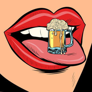 Beer Mug Foam Female Tongue Mouth
