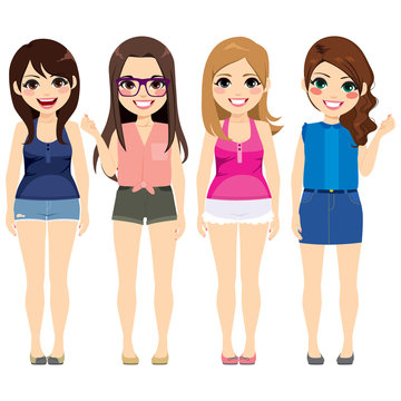 Group of four beautiful fashion girls wearing different style summer outfit