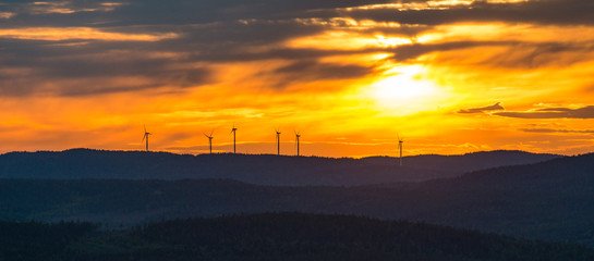 WInd turbines in nature during sunset
