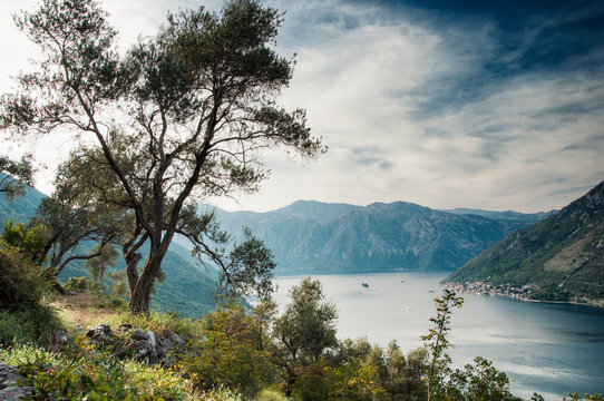 View to Perast and Boka Kotorska from Gornij Stoliv. Montenegro Bay of Kotor 2018