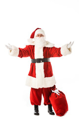 Fototapeta na wymiar emotional santa claus with sack gesturing with hands isolated on white
