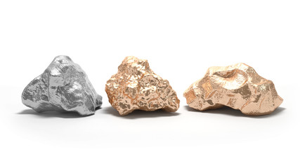 Nuggets on a white background. Silver and gold. 3d rendering.