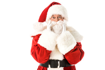 santa claus looking at camera shouting through hands isolated on white