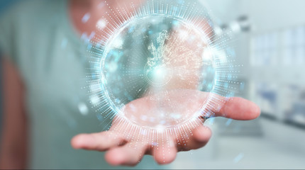 Businesswoman using globe network hologram with Europe map 3D rendering