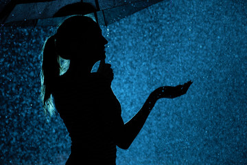 silhouette of the figure of a young girl with an umbrella in the rain, a young woman happy to drops of water