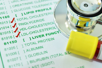 Blood sample tube with laboratory requisition form for lipid profile test