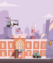 Fototapeta premium Police station and cityscape in background