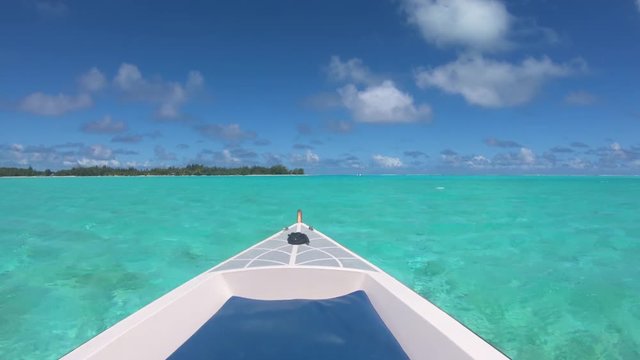 Sailing around blue lagoon and Otemanu mountain at Bora Bora island, Tahiti, French Polynesia (view from action camera)
