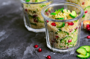 Couscous Salad in a Jar with Pomegranate, Mint and Cucumbers, Healthy Salad, Vegan Meal