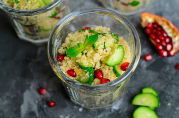 Couscous Salad in a Jar with Pomegranate, Mint and Cucumbers, Healthy Salad, Vegan Meal