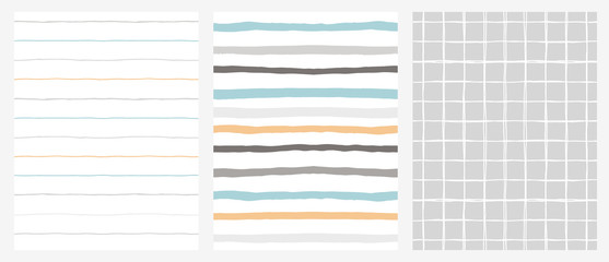 Hand Drawn Irregular Geometric Patterns. Horizontal Blue, Grey and Orange Stripes on a White Background. White Grid on A Grey Background. Infantile Style Design. Childish Endless Texture.