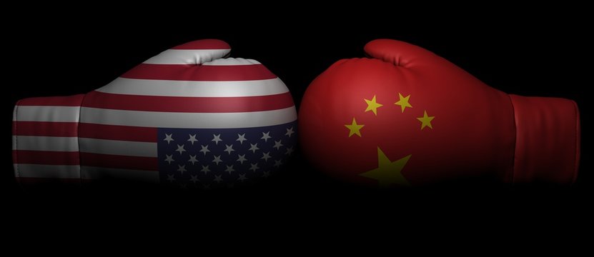 china usa tariffs trade war currency sanctions us america 3d boxing gloves flags isolated on black background
