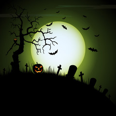 Halloween night green background with pumpkins and spooky atmosphere