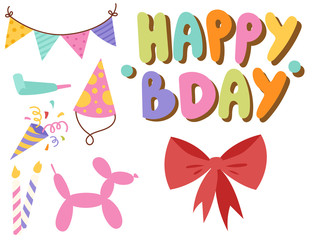 Happy birthday party celebration entertainment confetti present balloon decoration for holiday fun anniversary congratulation vector illustration.