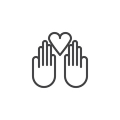 Obraz premium Donation hands with heart outline icon. linear style sign for mobile concept and web design. Charity simple line vector icon. Symbol, logo illustration. Pixel perfect vector graphics