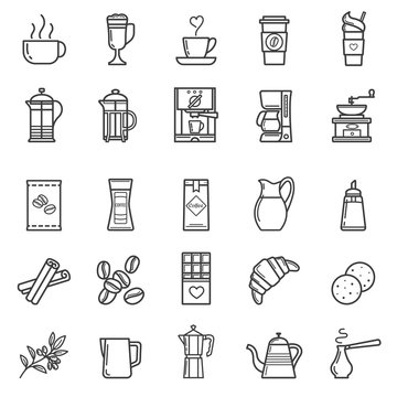 Set of vector coffee elements and coffee accessories. Coffee outline icon set.
