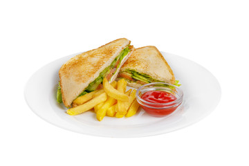 Sandwich with French fries and ketchup, barbecue sauce. Side view. Serving for a cafe, a restaurant in the menu. Isolated, white background