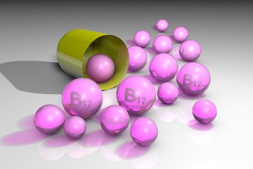 Opened yellow capsule pill with vitamin B17 drops. Amygdalin pills. Vitamin and mineral complex. Healthy life concept. 3d illustration